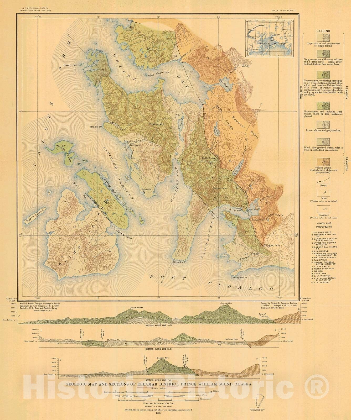 Historic Nautical Map - Geologic Map And Sections Of Ellamar District Prince William Sound, 1915 NOAA Chart - Alaska (AK) - Vintage Wall Art