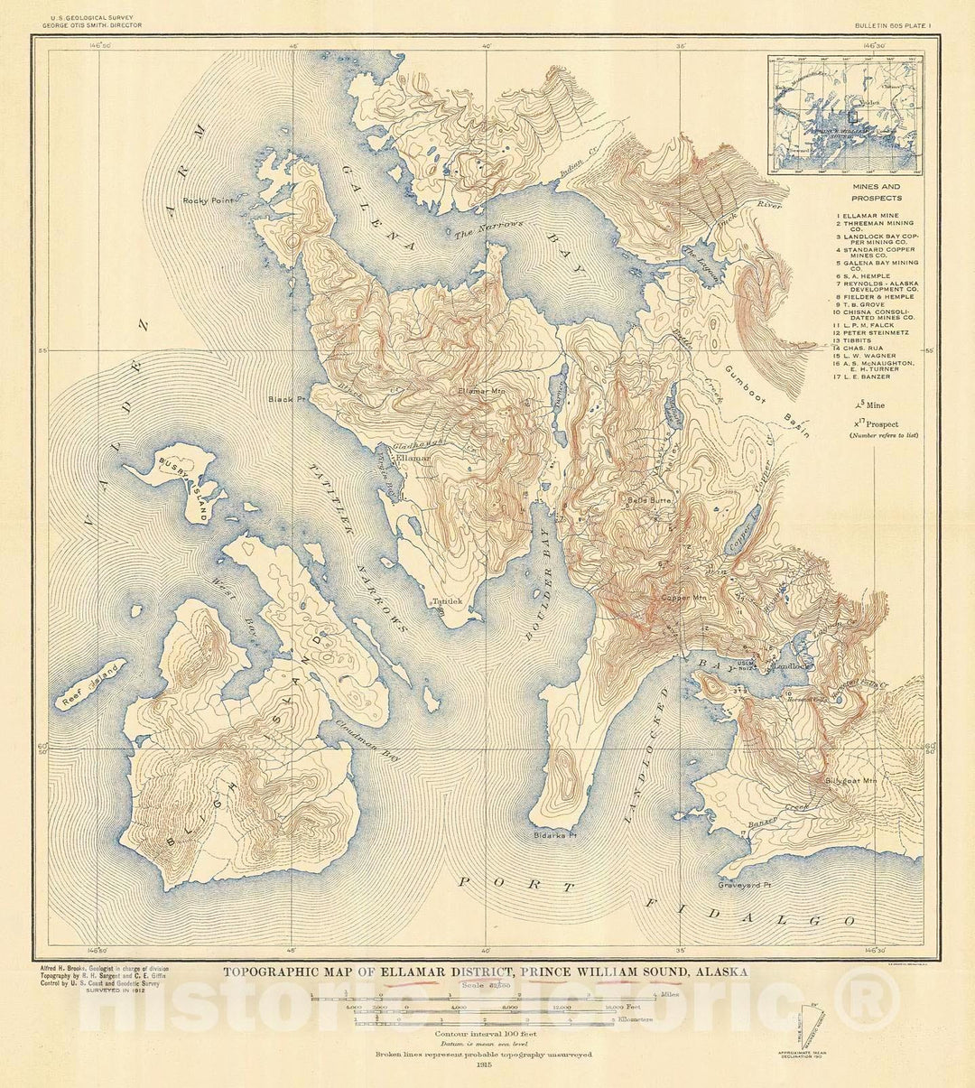 Historic Nautical Map - Topographic Map Of Ellamar District Prince William Sound, 1915 NOAA Topographic Historic Nautical Map - Alaska (AK) - Vintage Wall Art