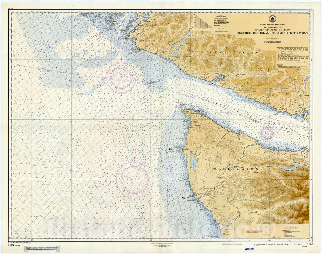 Historic Nautical Map - Approaches To Strait Of Juan De Fuca, 1954 NOAA Chart - Washington (WA) - Vintage Wall Art