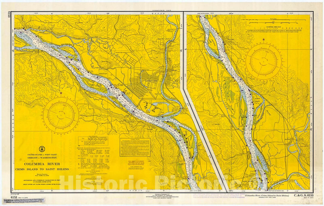 Historic Nautical Map - Columbia River - Saint Helens To Vancouver, 1967 NOAA Chart - Oregon (OR) - Vintage Wall Art