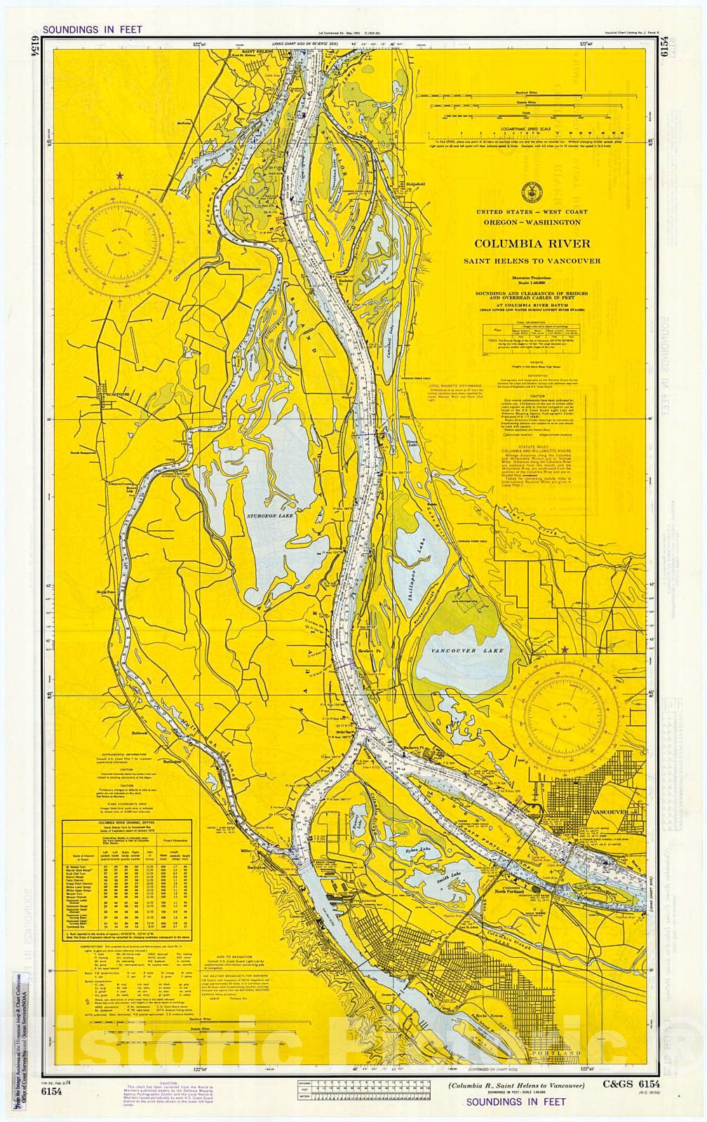 Historic Nautical Map - Columbia River - Saint Helens To Vancouver, 1974 NOAA Chart - Oregon (OR) - Vintage Wall Art