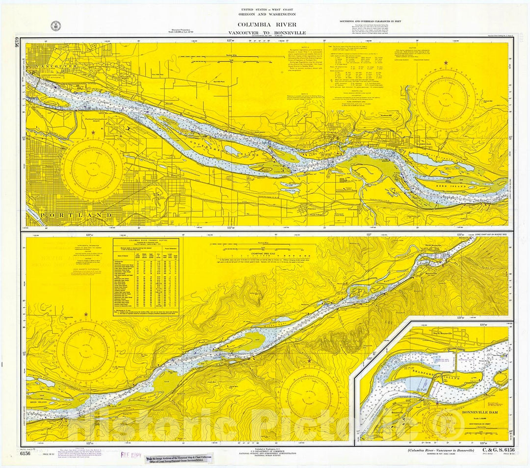 Historic Nautical Map - Columbia River - Vancouver To Bonneville, 1971 NOAA Chart - Oregon (OR) - Vintage Wall Art