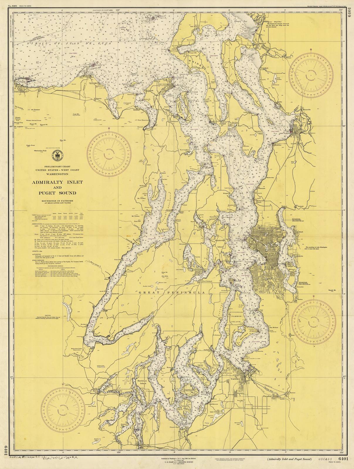 Historic Nautical Map - Admiralty Inlet & Puget Sound, 1946 NOAA Chart - Washington (WA) - Vintage Wall Art