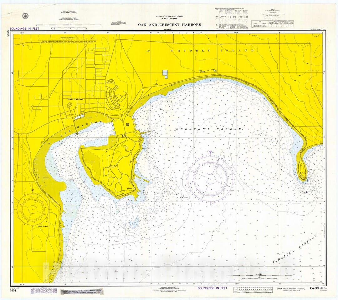 Historic Nautical Map - Oak & Crescent Harbors, 1972 NOAA Chart - Washington (WA) - Vintage Wall Art