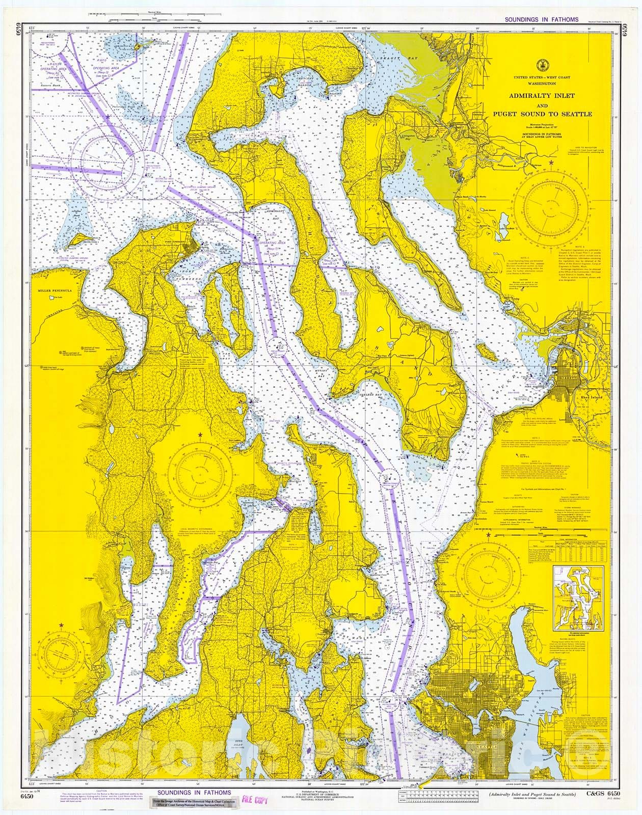 Historic Nautical Map - Admiralty Inlet & Puget Sound To Seattle, 1974 NOAA Chart - Washington (WA) - Vintage Wall Art