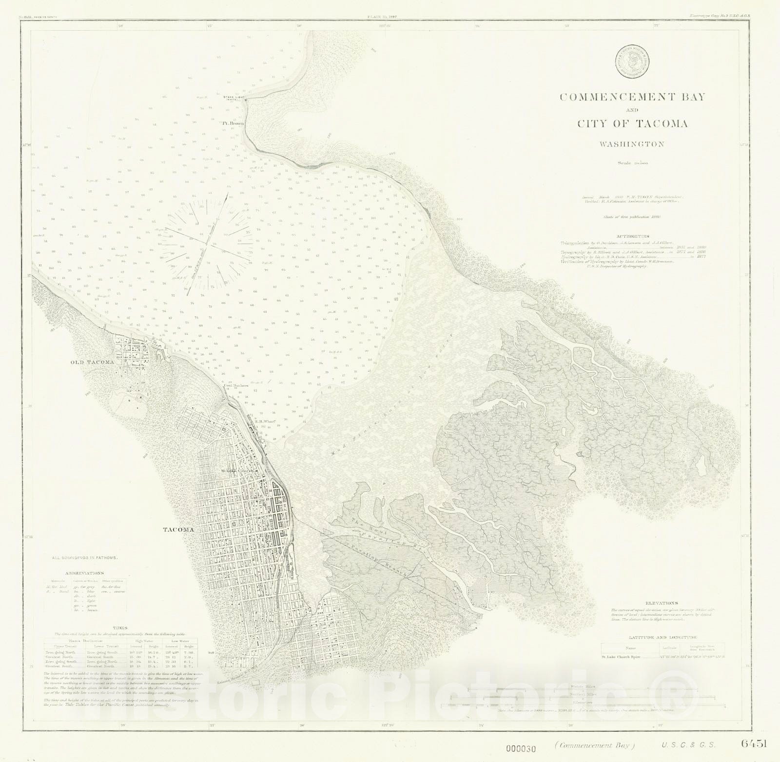 Historic Nautical Map - Commencement Bay And City Of Tacoma, 1888 NOAA Chart - Washington (WA) - Vintage Wall Art