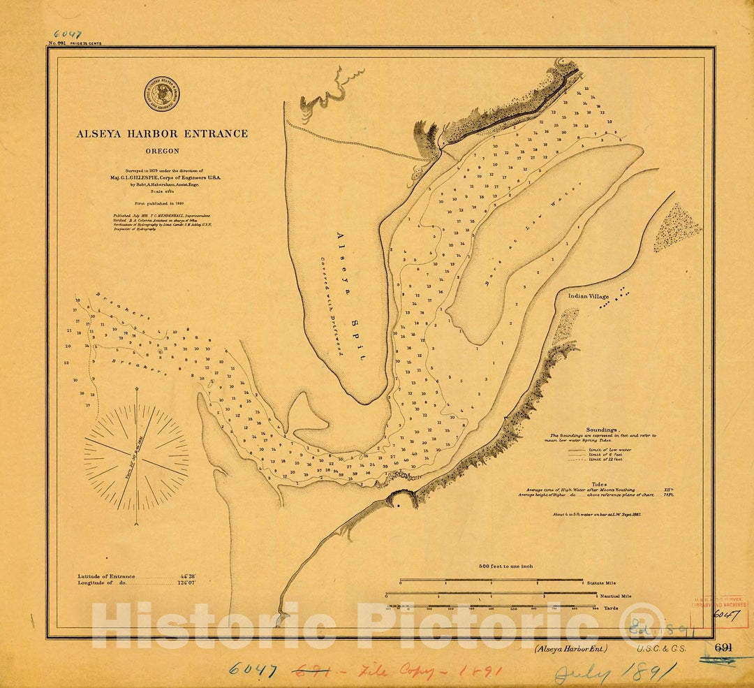 Historic Nautical Map - Alseya Harbor Entrance, 1891 NOAA Chart - Oregon (OR) - Vintage Wall Art