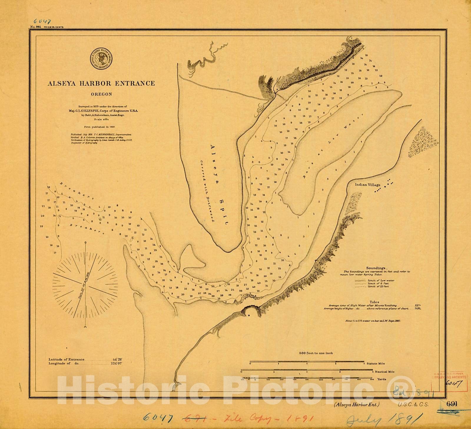 Historic Nautical Map - Alseya Harbor Entrance, 1891 NOAA Chart - Oregon (OR) - Vintage Wall Art