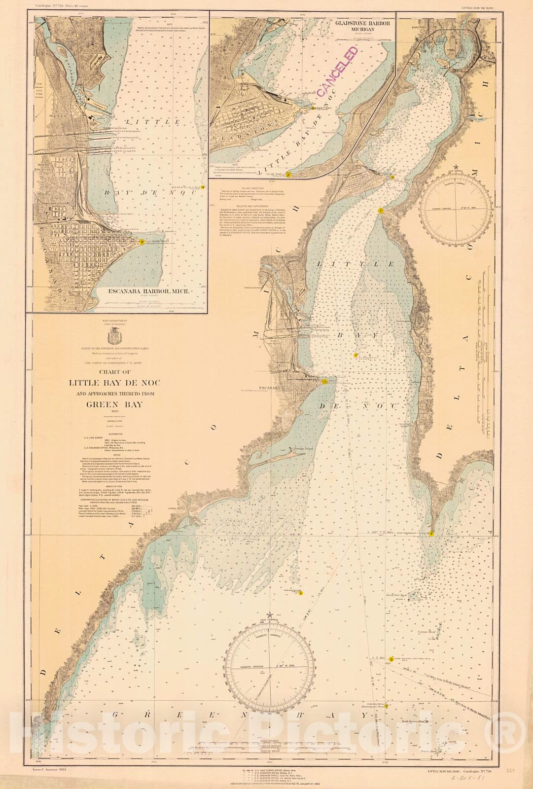 Historic Nautical Map - Chart Of Little Bay De Noc And Approaches Thereto From Green Bay, 1933 NOAA Chart - Michigan (MI) - Vintage Wall Art