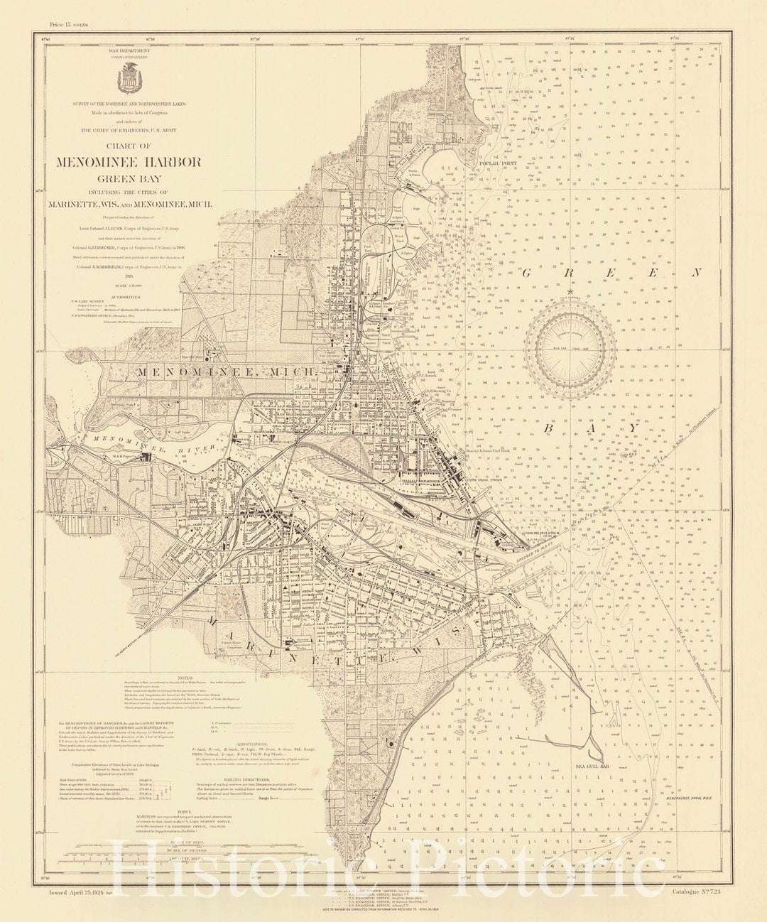 Historic Nautical Map - Chart Of Menominee Harbor Green Bay Including The Cities Of Marinette, Wis. And Menominee, Mich, 1924 NOAA Chart - Michigan Vintage Decor Poster Wall Art Reproduction - 0