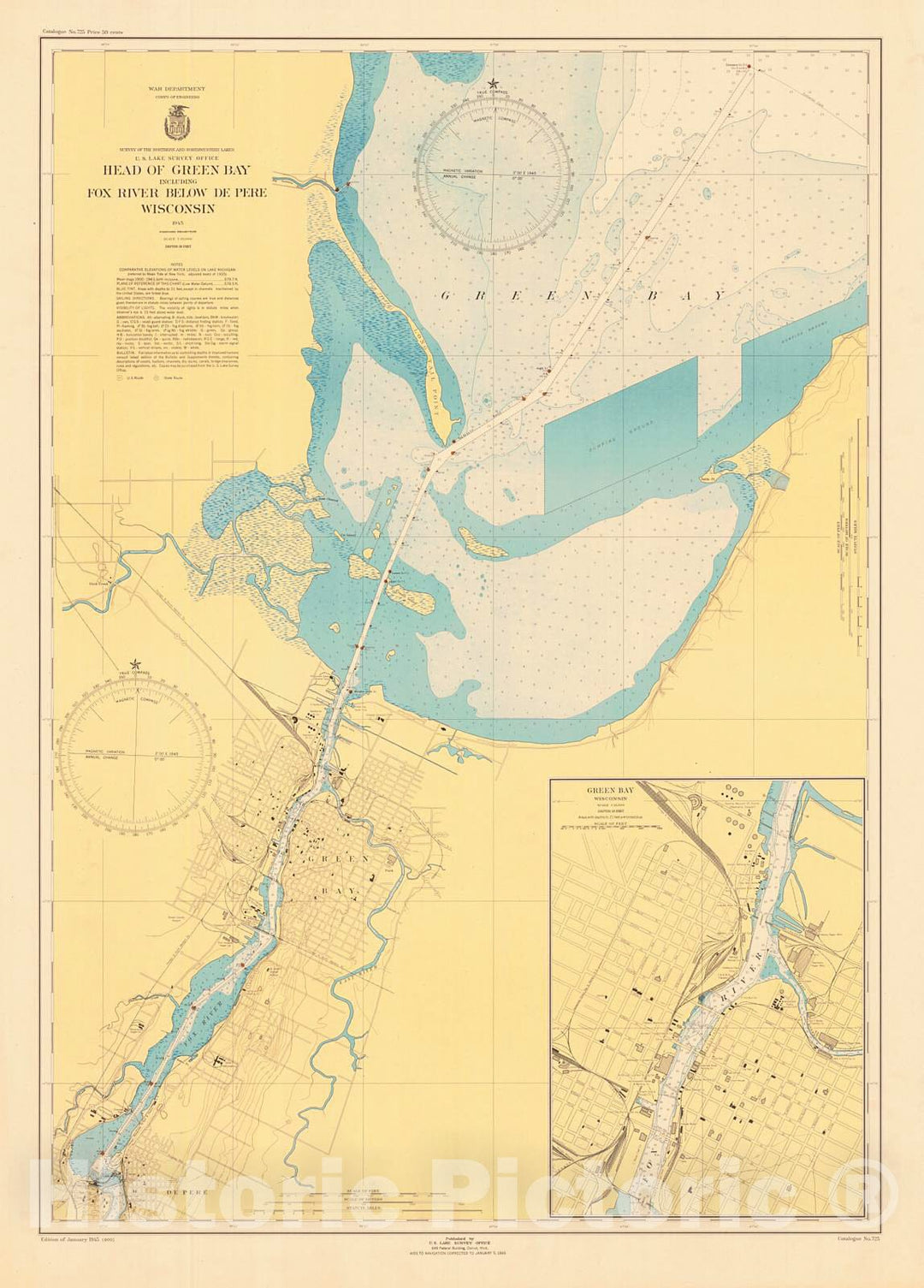 Historic Nautical Map - Head Of Green Bay Including Fox River Below De Pere, Wisconsin, 1945 NOAA Chart - Wisconsin (WI) - Vintage Wall Art