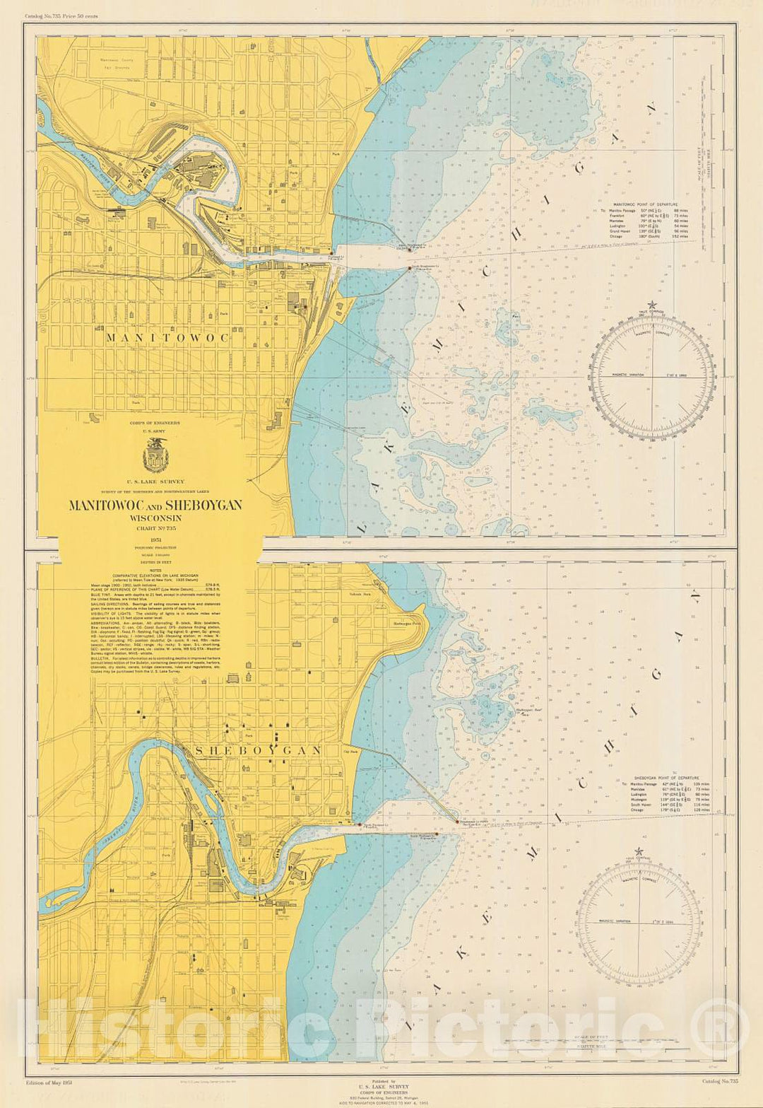 Historic Nautical Map - Manitowoc And Sheboygan, 1951 NOAA Chart - Wisconsin (WI) - Vintage Wall Art