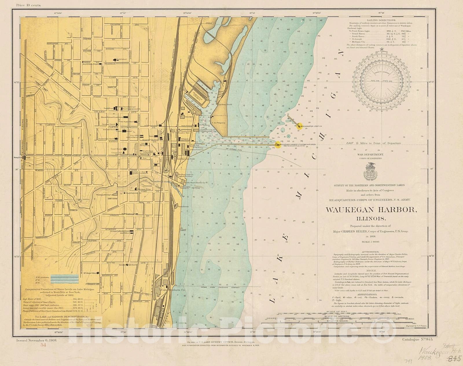 Historic Nautical Map - Waukegan Harbor, 1908 NOAA Chart - Illinois (IL) - Vintage Wall Art