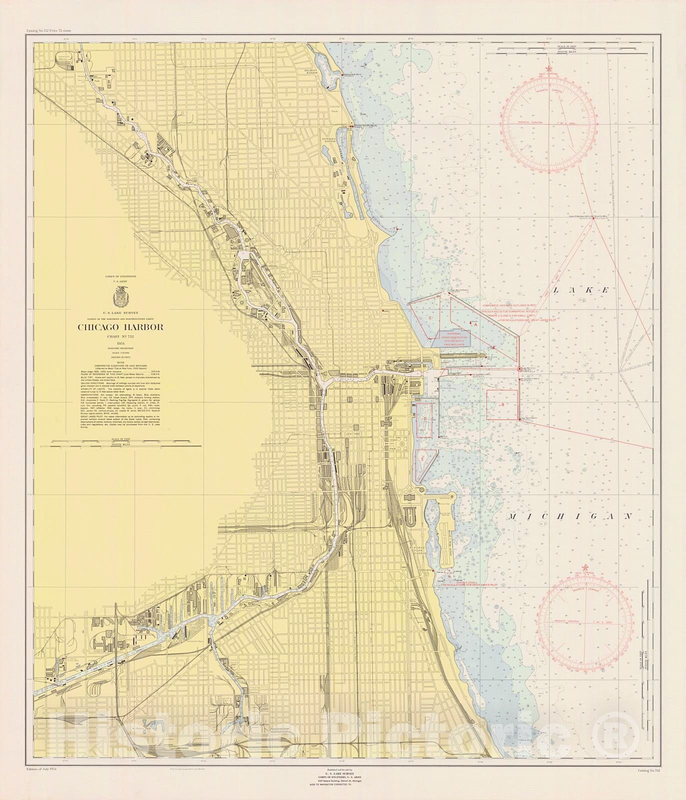 Historic Nautical Map - Chicago Harbor, 1954 NOAA Chart - Illinois (IL) - Vintage Wall Art