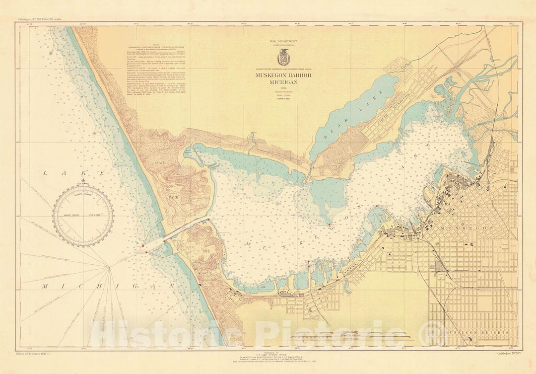 Historic Nautical Map - Muskegon Harbor, Michigan, 1936 NOAA Chart - Michigan (MI) - Vintage Wall Art