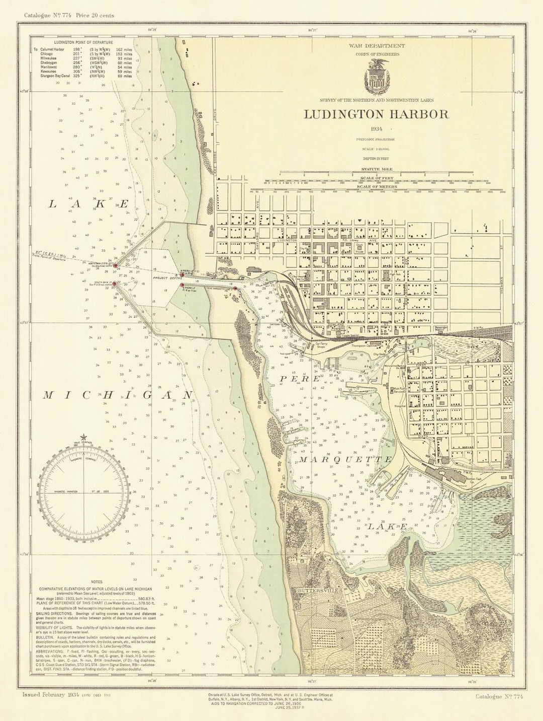 Historic Nautical Map - Ludington Harbor, 1934 NOAA Chart - Michigan (MI) - Vintage Wall Art