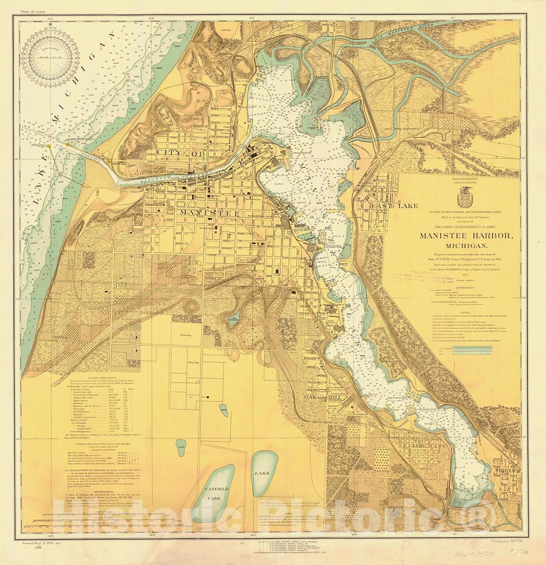 Historic Nautical Map - Manistee Harbor, Michigan, 1920 NOAA Chart - Michigan (MI) - Vintage Wall Art