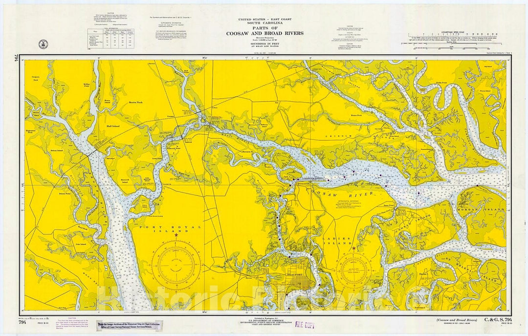 Historic Nautical Map - Coosaw And Broad Rivers, 1970 NOAA Chart - South Carolina (SC) - Vintage Wall Art