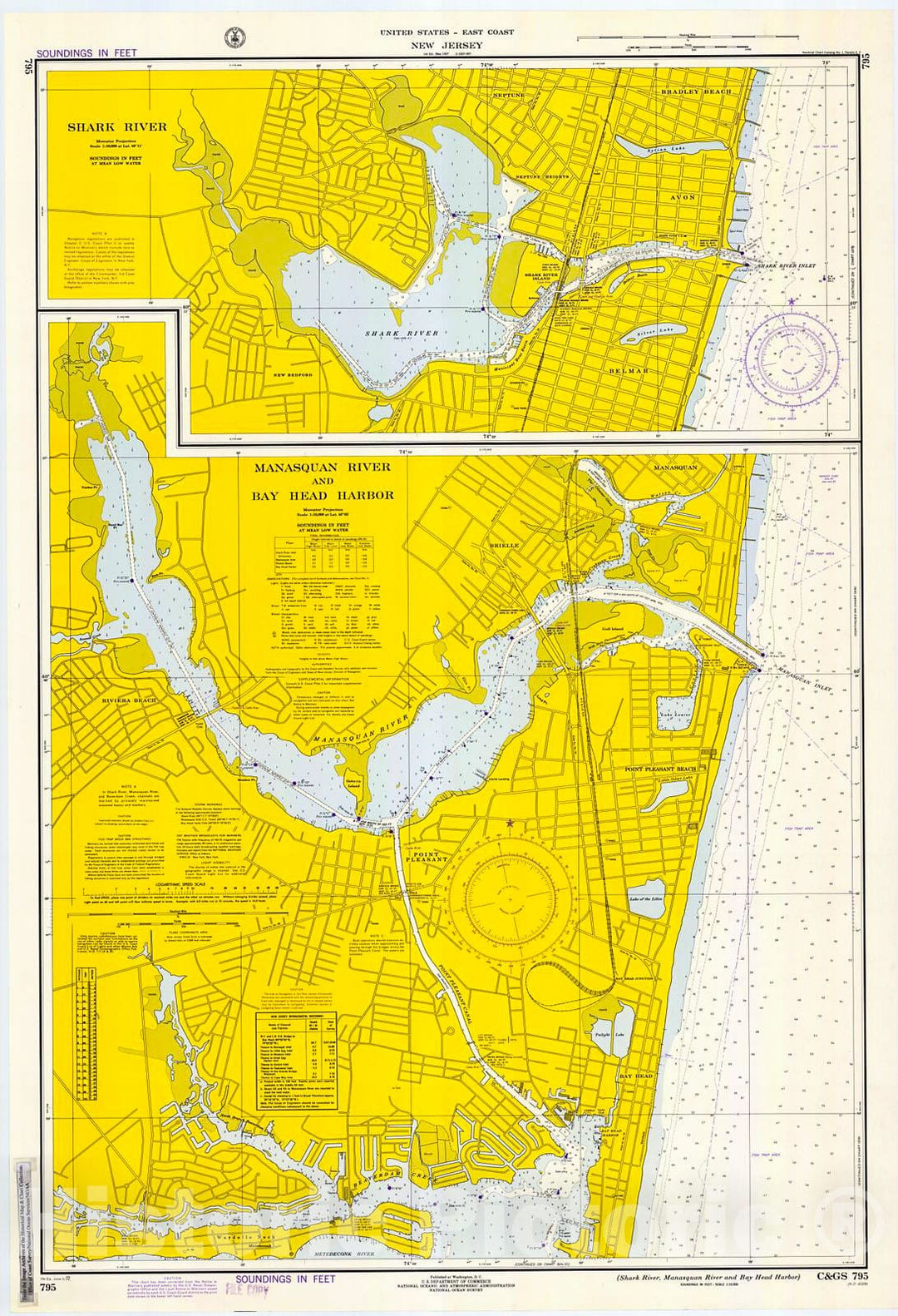 Historic Nautical Map - Shark River, Manasqaun River And Bay Head Harbor, 1972 NOAA Chart - New Jersey (NJ) - Vintage Wall Art