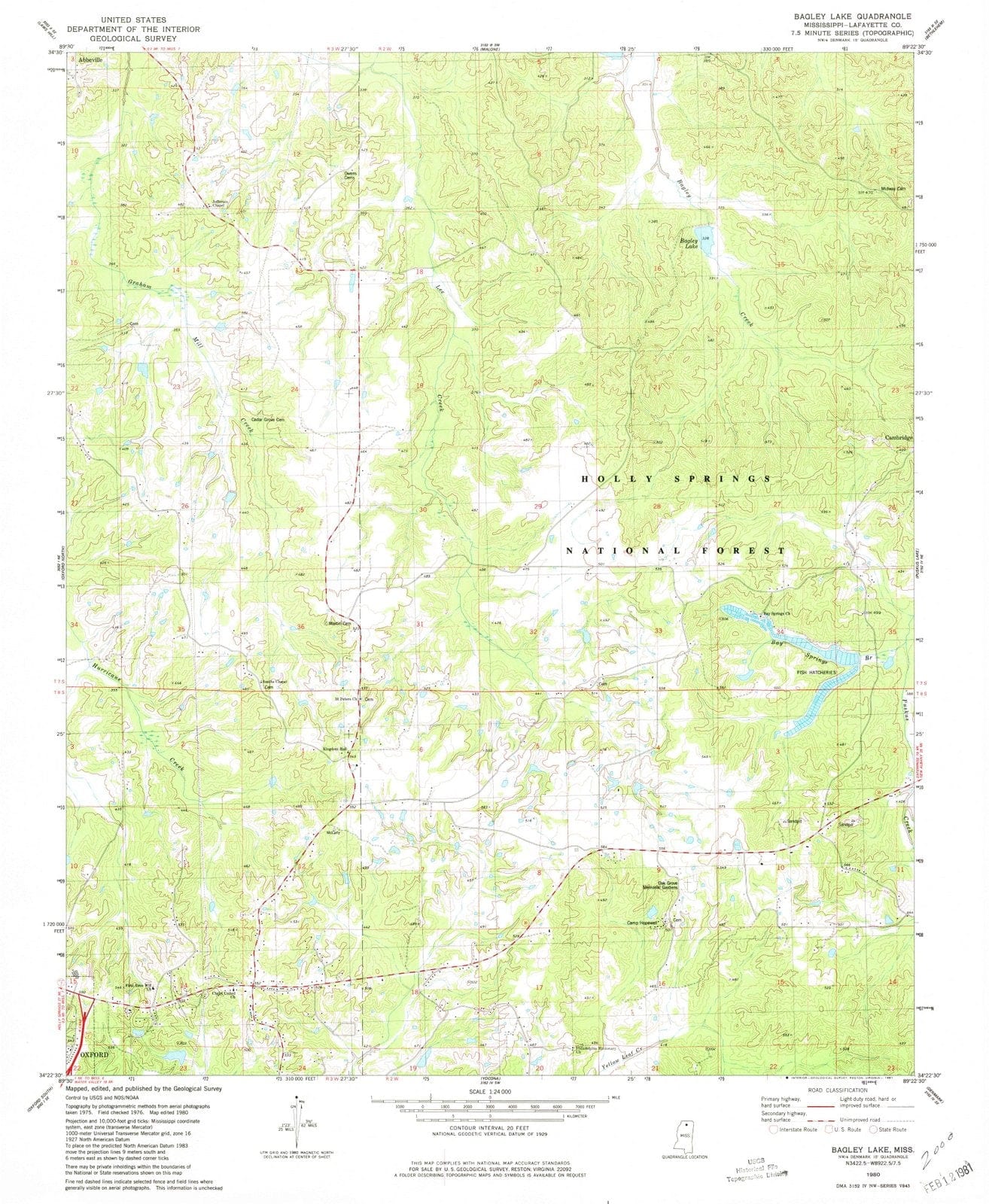 1980 Bagley Lake, MS - Mississippi - USGS Topographic Map