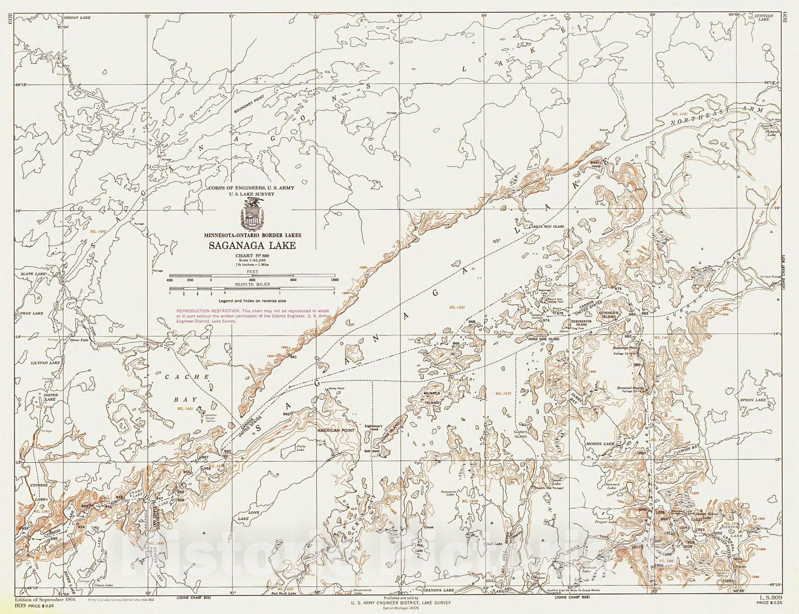 Historic Nautical Map - Minnesota - Ontario Border Lakes, Saganaga Lake, 1964 NOAA Chart - Minnesota (MN) - Vintage Wall Art