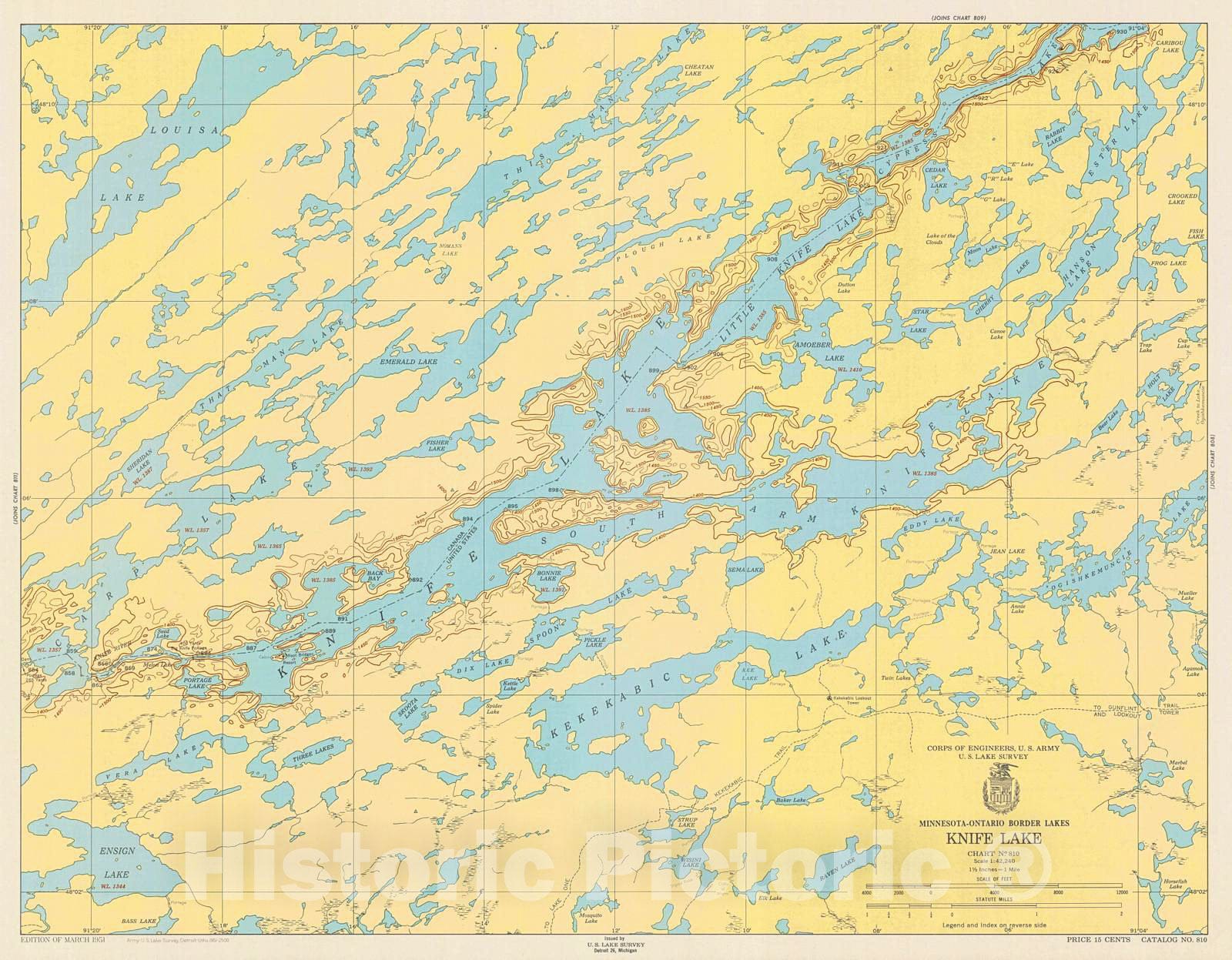 Historic Nautical Map - Minnesota-Ontario Border Lakes Knife Lake, 1951 NOAA Chart - Minnesota (MN) - Vintage Wall Art