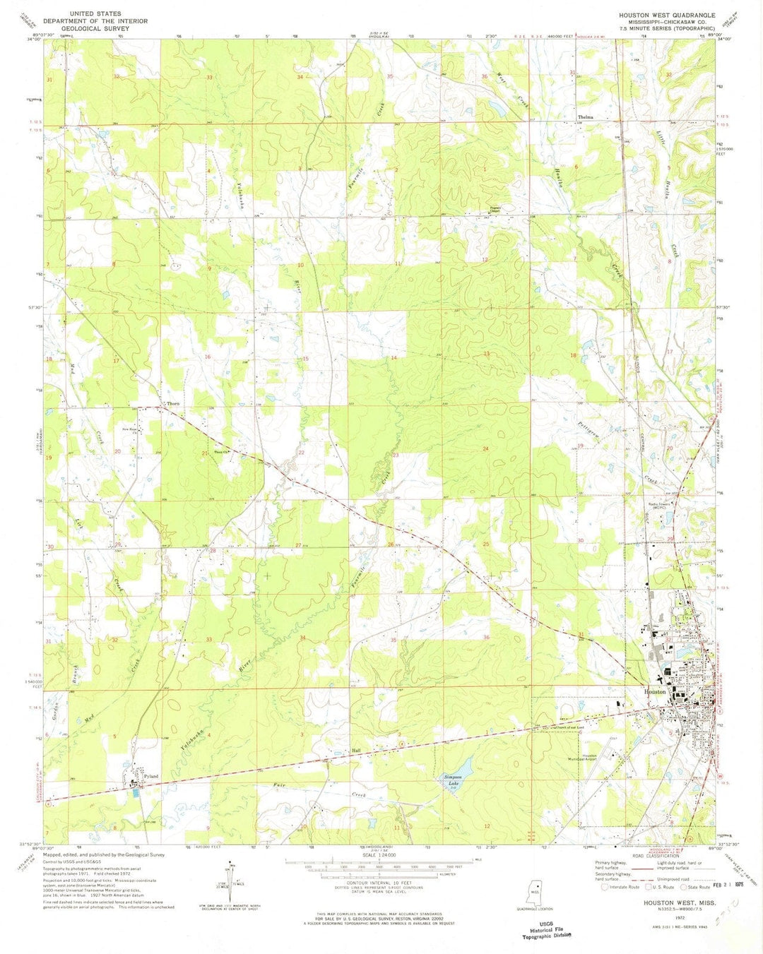 1972 Houston West, MS - Mississippi - USGS Topographic Map