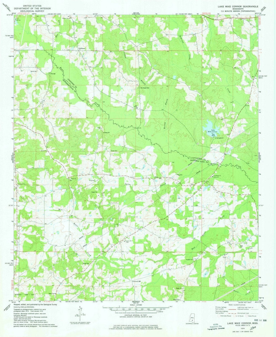 1974 Lake Mike Connor, MS - Mississippi - USGS Topographic Map