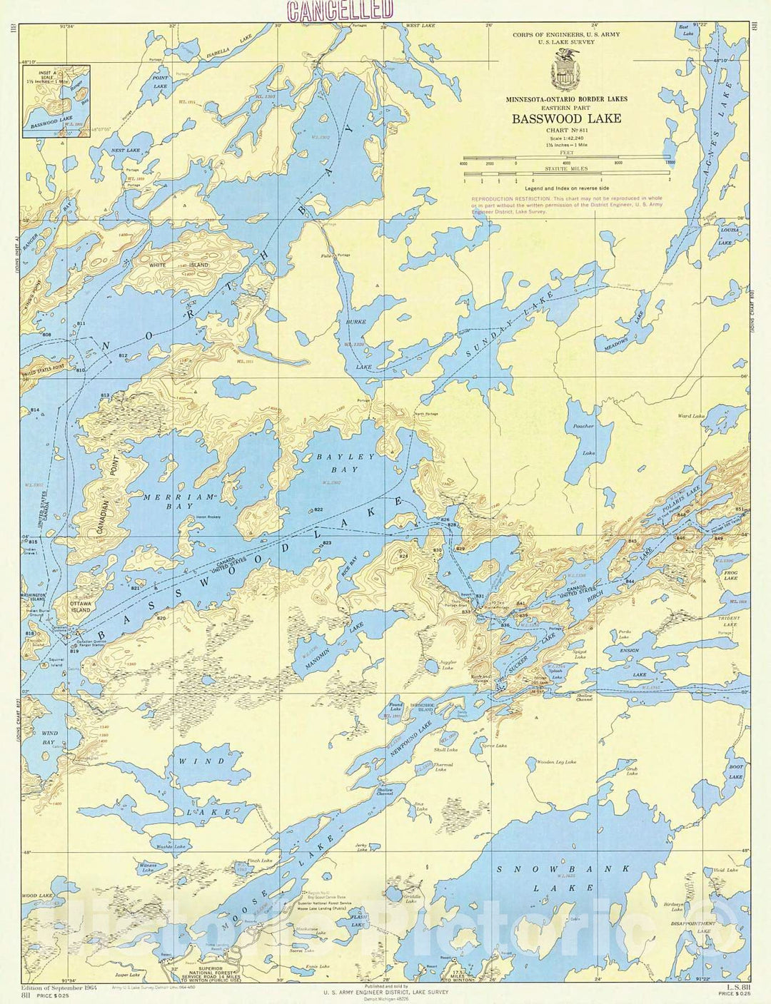 Historic Nautical Map - Basswood Lake, 1964 NOAA Chart - Minnesota (MN) - Vintage Wall Art, v2