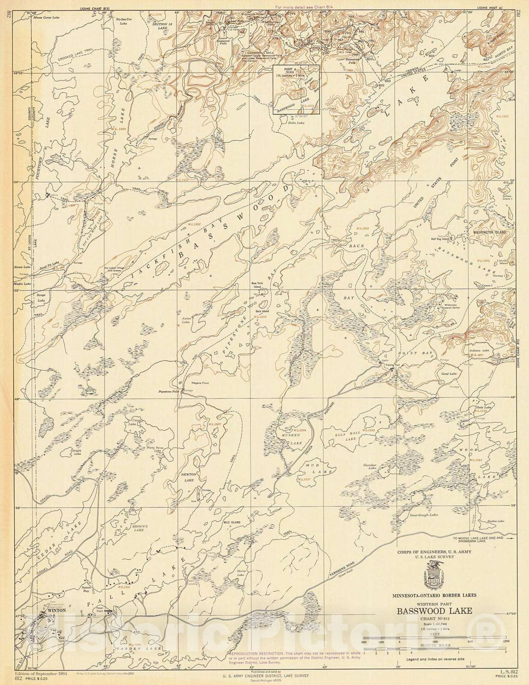 Historic Nautical Map - Basswood Lake, 1964 NOAA Chart - Minnesota (MN) - Vintage Wall Art