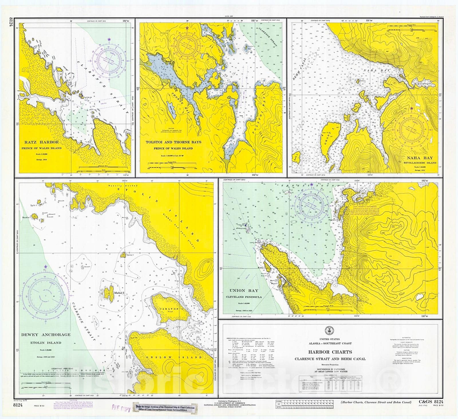 Historic Nautical Map - Harbor Charts,Clarence Strait & Behm Canal, 1971 NOAA Chart - Alaska (AK) - Vintage Wall Art