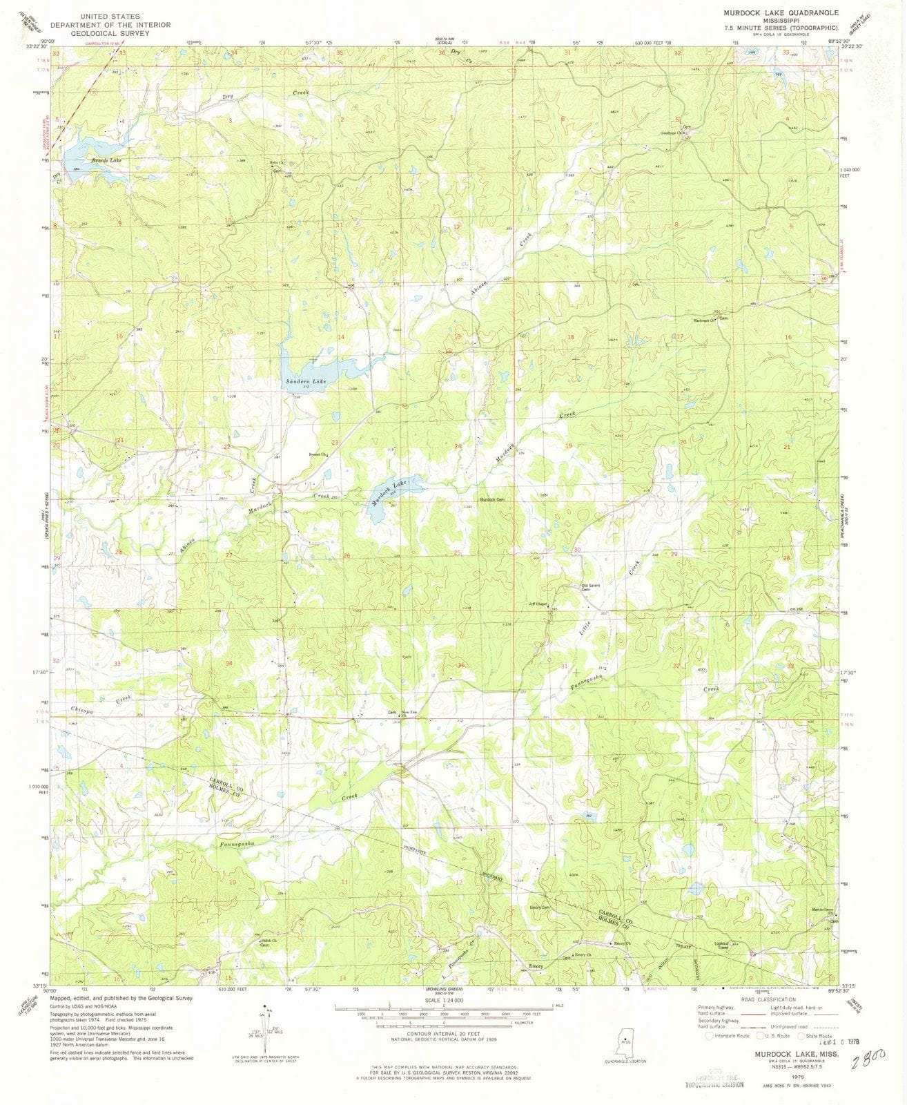 1975 Murdock Lake, MS - Mississippi - USGS Topographic Map