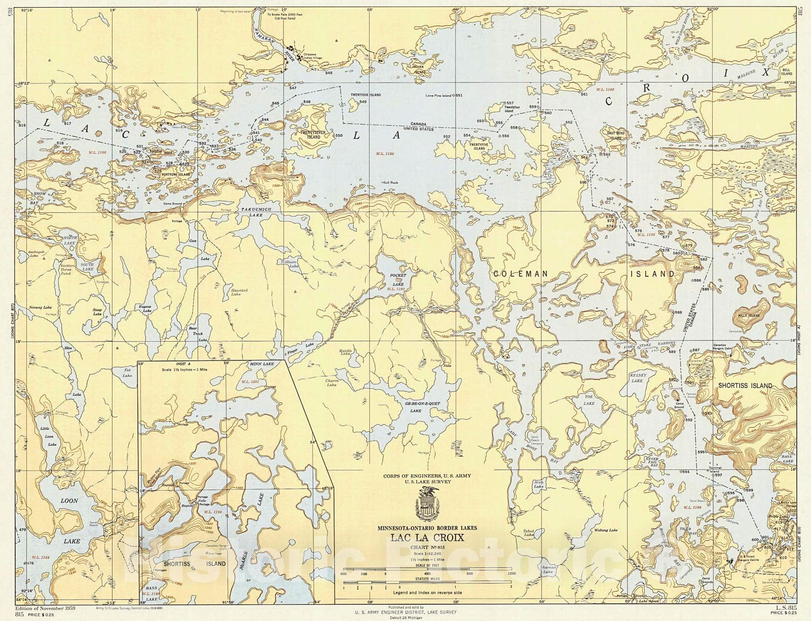 Historic Nautical Map - Minnesota - Ontario Border Lakes, Lac La Croix, 1959 NOAA Chart - Minnesota (MN) - Vintage Wall Art