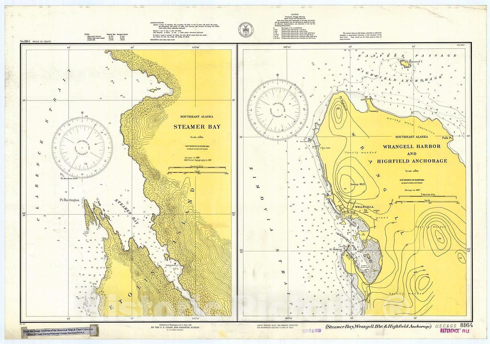 Historic Nautical Map - Steamer Bay, Wrangell Harbor & Highfield Anchorage, Ak, 1938 NOAA Chart - Alaska (AK) - Vintage Wall Art