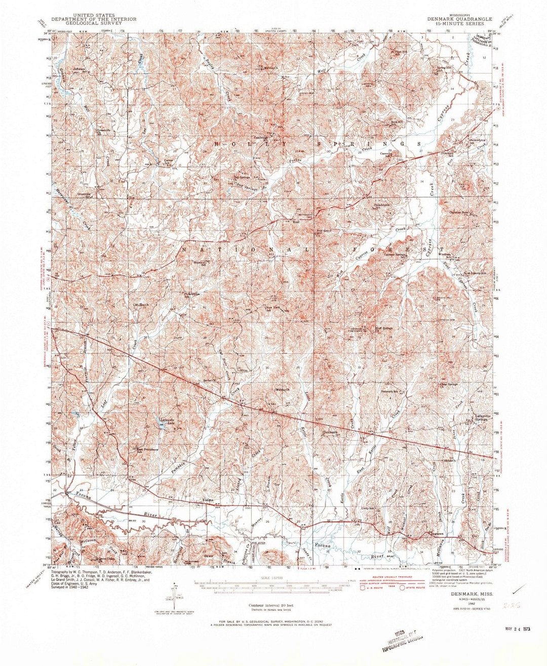 1942 Denmark, MS - Mississippi - USGS Topographic Map