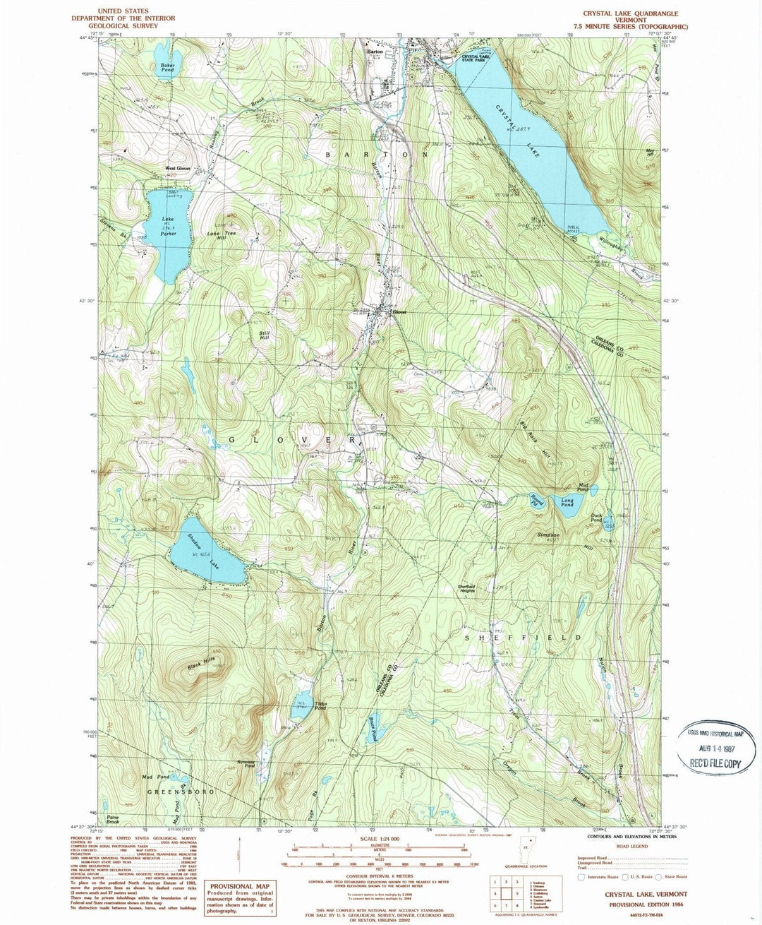 1986 Crystal Lake, VT - Vermont - USGS Topographic Map