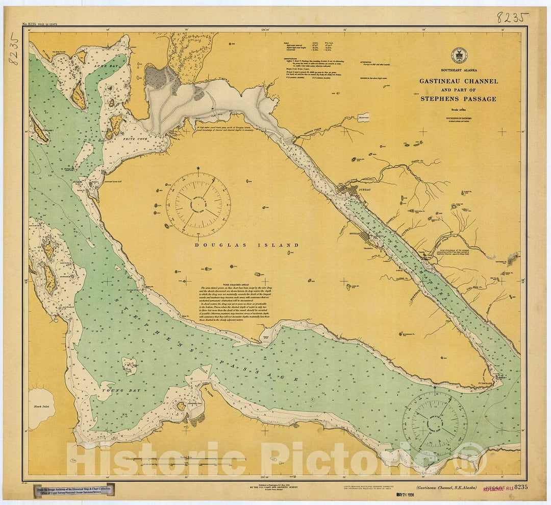 Historic Nautical Map - Gastineau Channel & Part Of Stephens Passage, Ak, 1924 NOAA Chart - Alaska (AK) - Vintage Wall Art