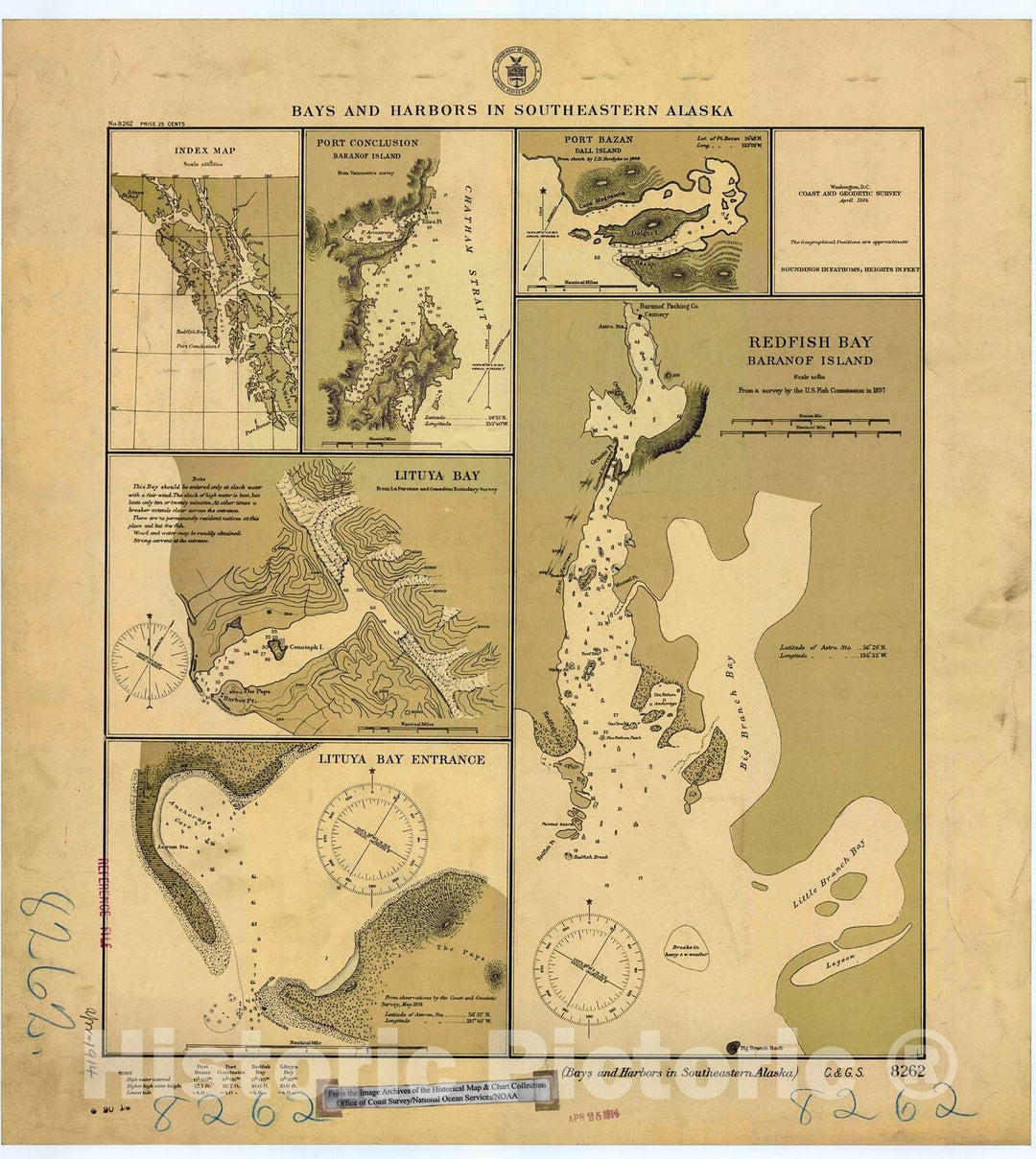 Historic Nautical Map - Bays & Harbors In Se Ak, 1914 NOAA Chart - Alaska (AK) - Vintage Wall Art