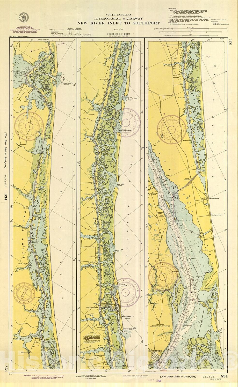 Historic Nautical Map - New River Inlet To Southport, 1942 NOAA Chart - North Carolina (NC) - Vintage Wall Art