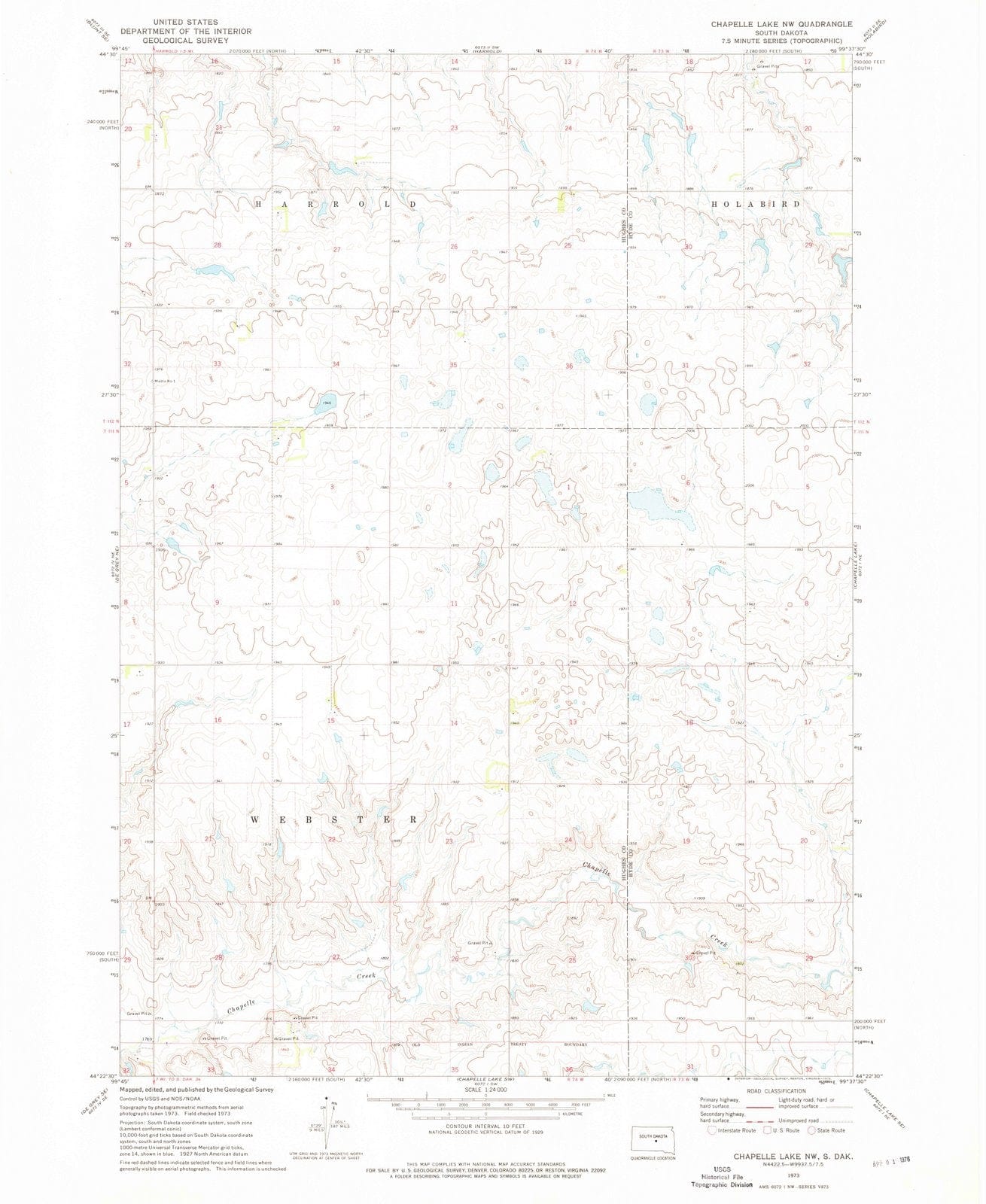 1973 Chapelle Lake, SD - South Dakota - USGS Topographic Map