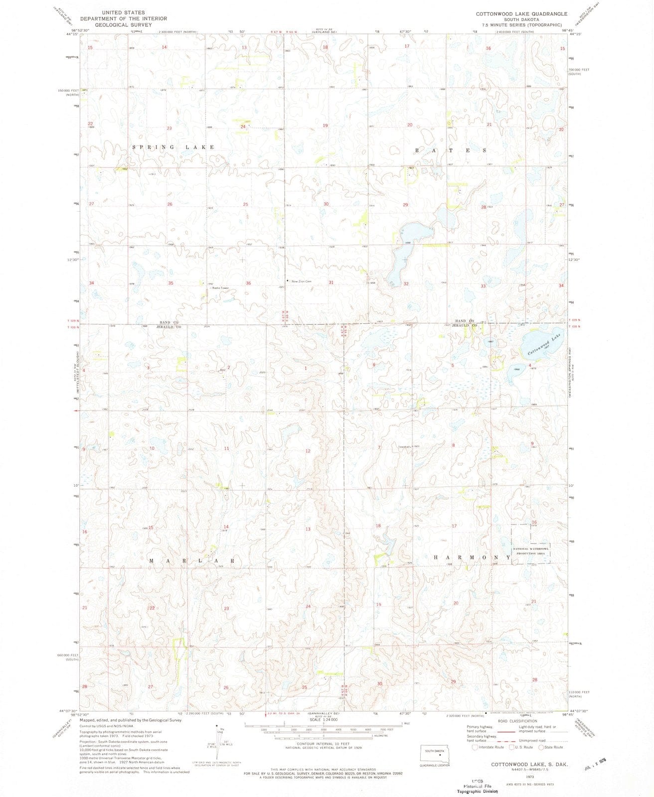 1973 Cottonwood Lake, SD - South Dakota - USGS Topographic Map