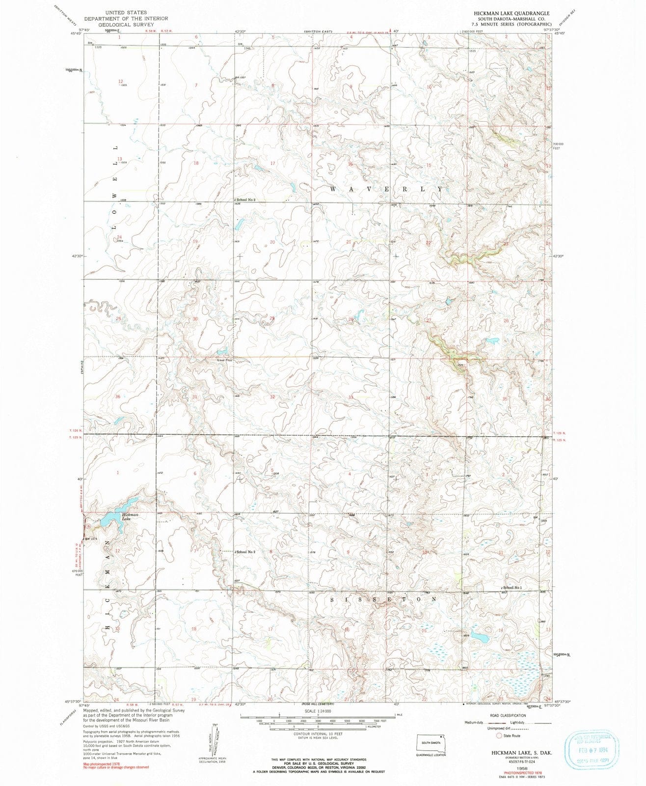 1958 Hickman Lake, SD - South Dakota - USGS Topographic Map