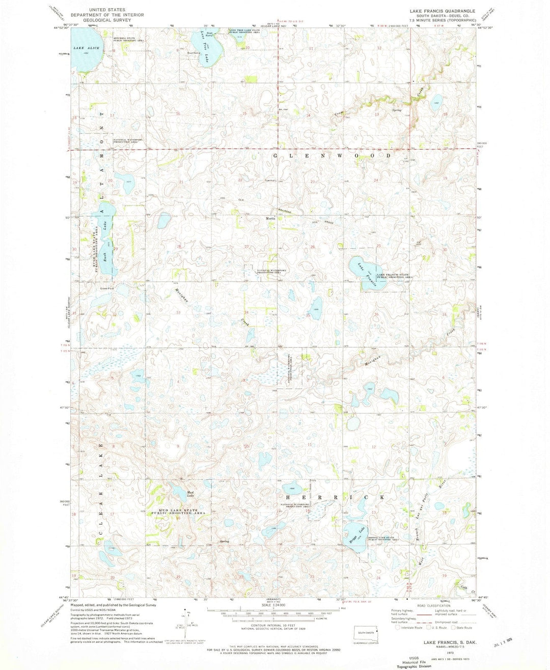 1973 Lake Francis, SD - South Dakota - USGS Topographic Map