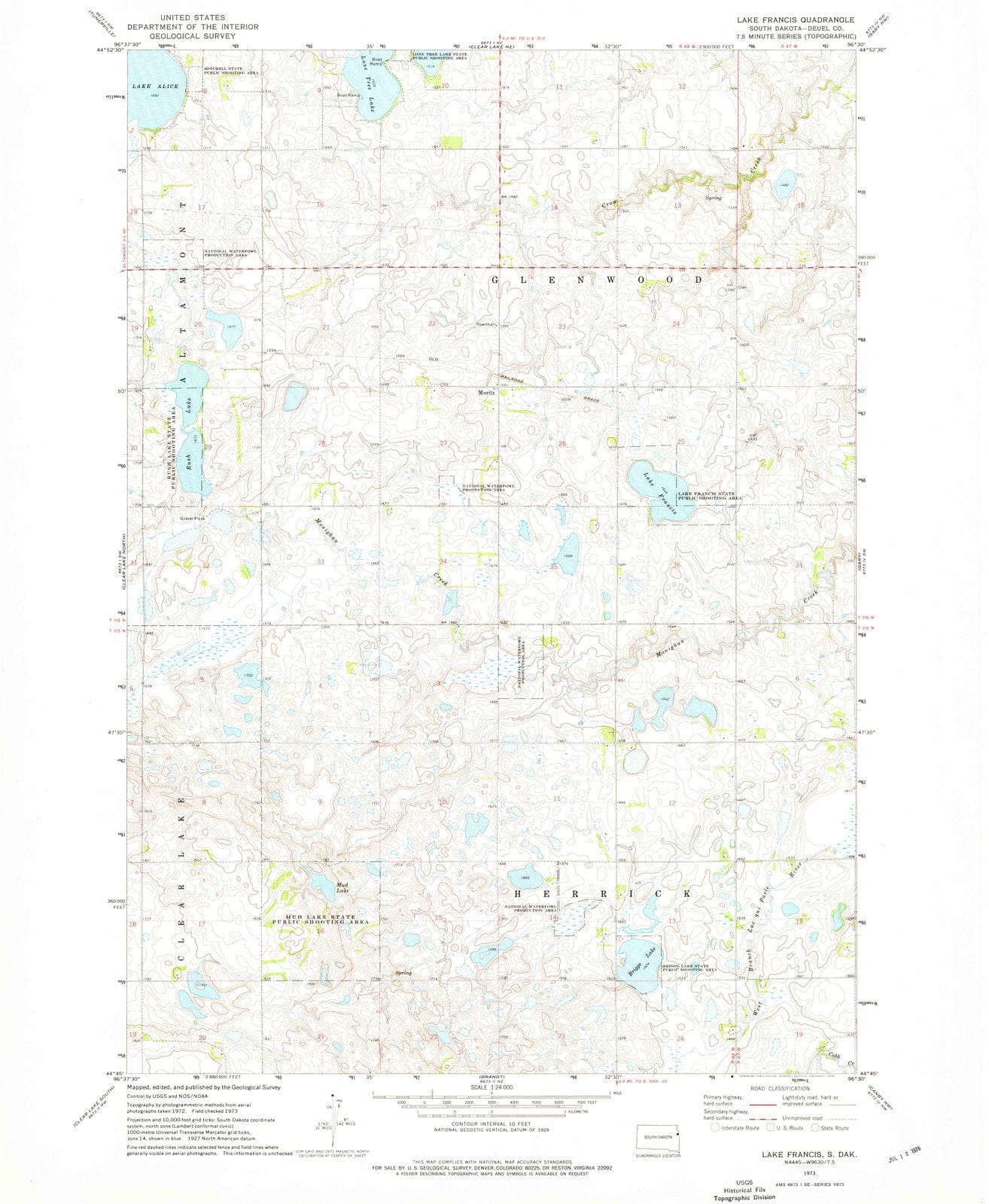 1973 Lake Francis, SD - South Dakota - USGS Topographic Map