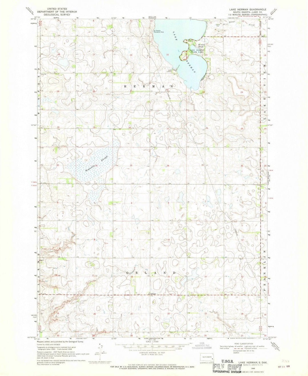 1968 Lake Herman, SD - South Dakota - USGS Topographic Map