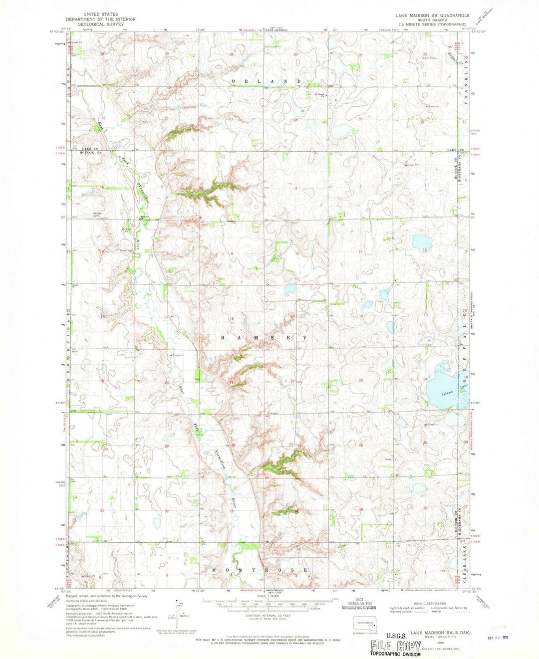 1968 Lake Madison, SD - South Dakota - USGS Topographic Map