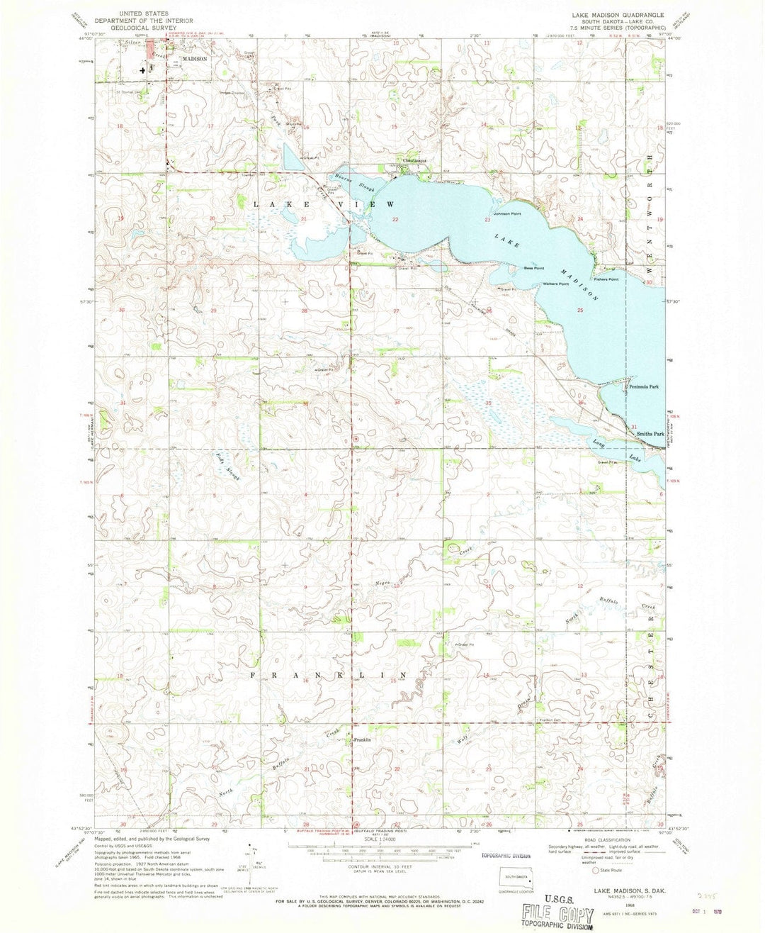 1968 Lake Madison, SD - South Dakota - USGS Topographic Map