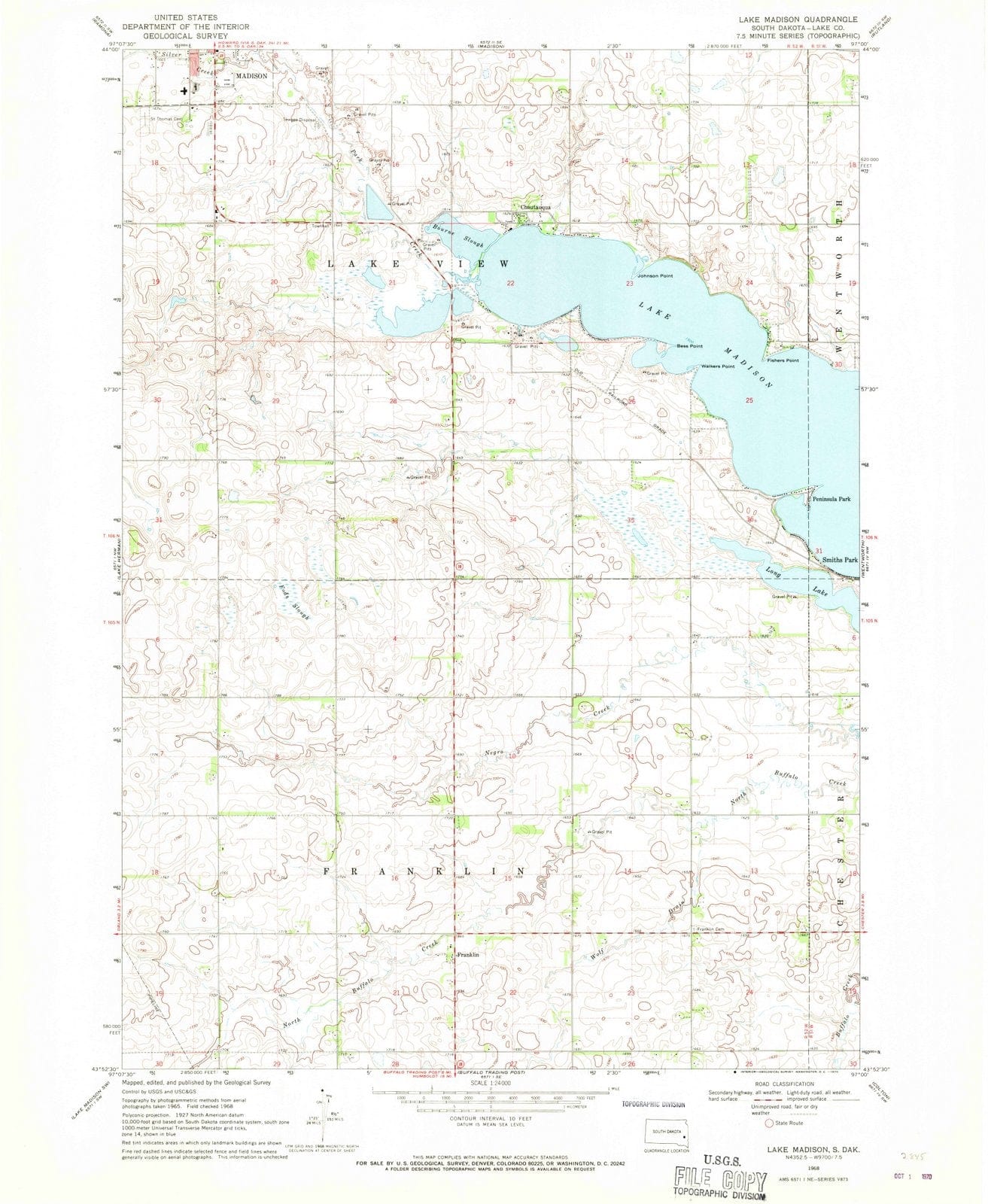 1968 Lake Madison, SD - South Dakota - USGS Topographic Map