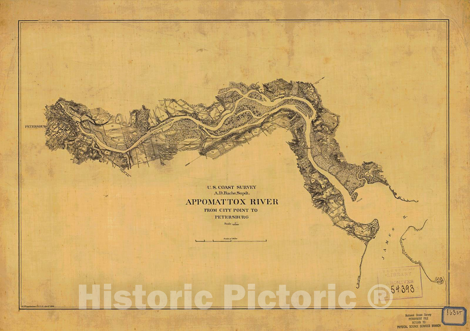 Historic Nautical Map - Us Coast Survey Appomattox River, 1864 NOAA Topographic Historic Nautical Map - Virginia (VA) - Vintage Wall Art