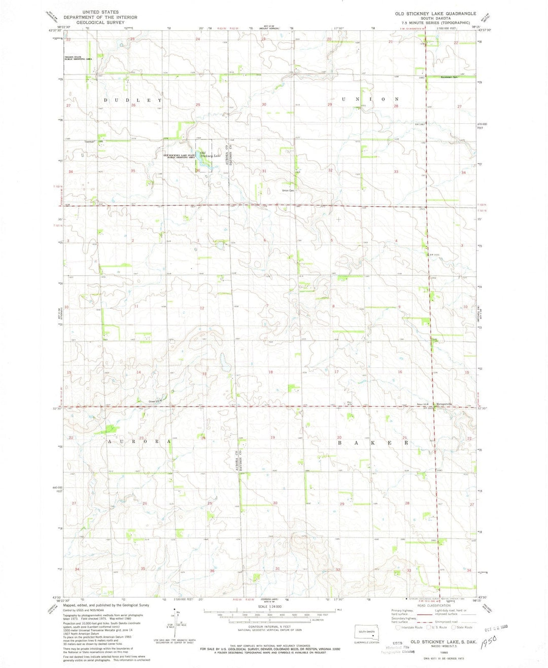 1980 Old Stickney Lake, SD - South Dakota - USGS Topographic Map